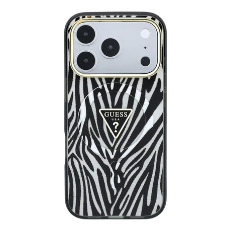 Apple iPhone 18 Pro Kılıf Guess Orjinal Lisanslı M-safe Şarj Özellikli Üçgen Logolu Zebra Desenli Silikon Kapak