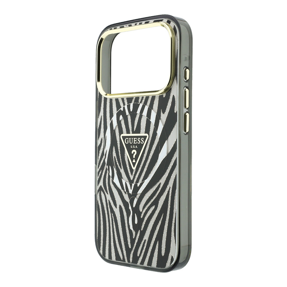 Apple iPhone 18 Pro Kılıf Guess Orjinal Lisanslı M-safe Şarj Özellikli Üçgen Logolu Zebra Desenli Silikon Kapak