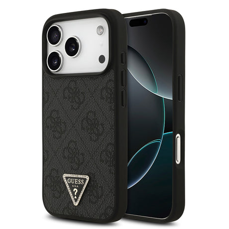 Apple iPhone 18 Pro Kılıf Guess Orjinal Lisanslı M-safe Şarj Özllikli PU Deri Taşlı Üçgen Logo 4G Desenli Strass Kapak
