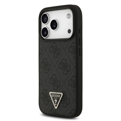 Apple iPhone 18 Pro Kılıf Guess Orjinal Lisanslı M-safe Şarj Özllikli PU Deri Taşlı Üçgen Logo 4G Desenli Strass Kapak