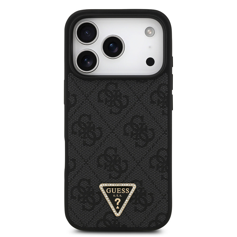 Apple iPhone 18 Pro Kılıf Guess Orjinal Lisanslı M-safe Şarj Özllikli PU Deri Taşlı Üçgen Logo 4G Desenli Strass Kapak