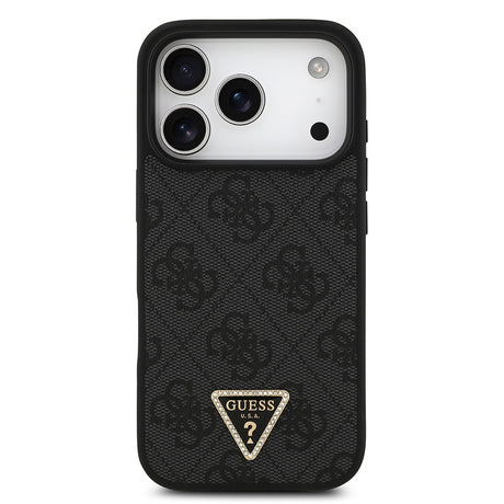 Apple iPhone 18 Pro Kılıf Guess Orjinal Lisanslı M-safe Şarj Özllikli PU Deri Taşlı Üçgen Logo 4G Desenli Strass Kapak