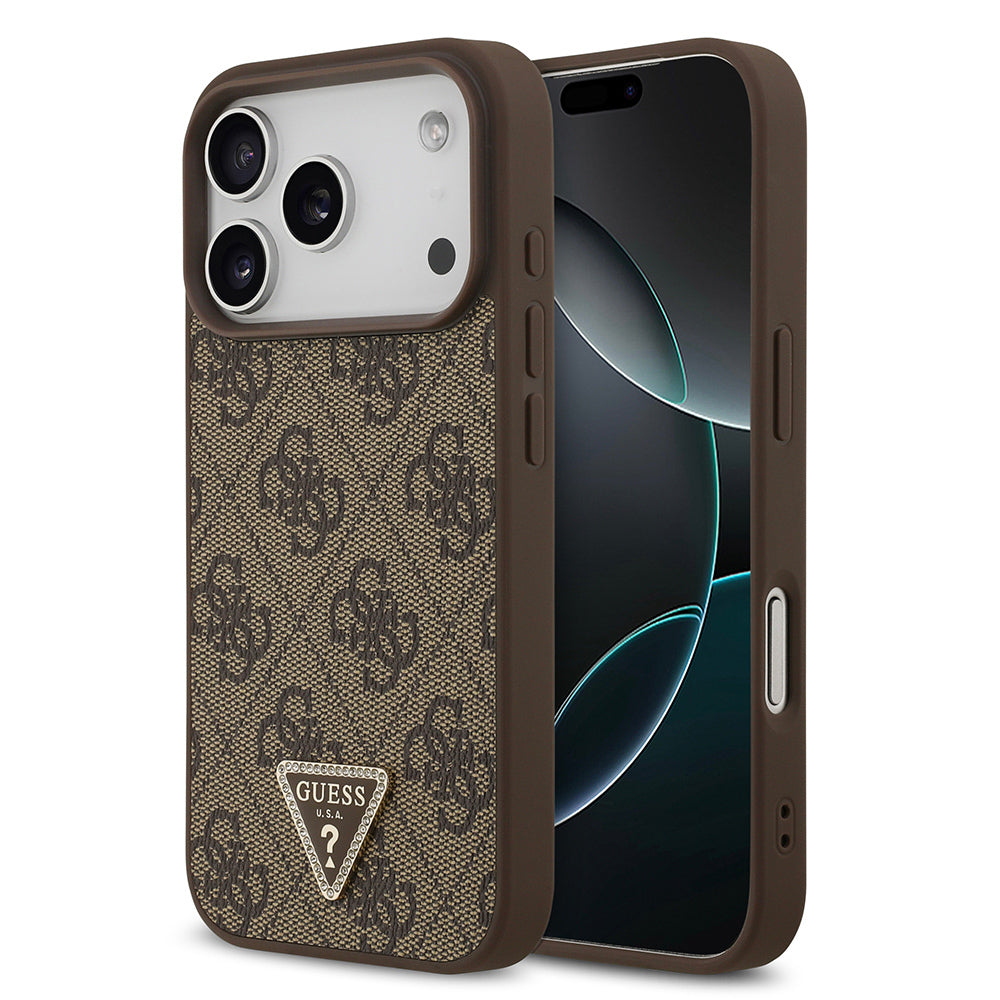 Apple iPhone 18 Pro Kılıf Guess Orjinal Lisanslı M-safe Şarj Özllikli PU Deri Taşlı Üçgen Logo 4G Desenli Strass Kapak