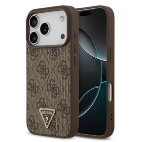 Apple iPhone 18 Pro Kılıf Guess Orjinal Lisanslı M-safe Şarj Özllikli PU Deri Taşlı Üçgen Logo 4G Desenli Strass Kapak