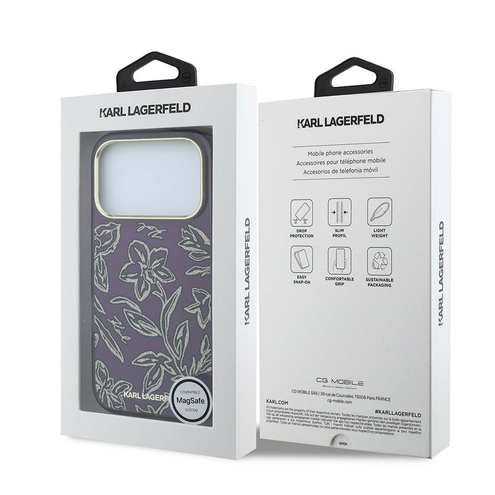 Apple iPhone 18 Pro Kılıf Karl Lagerfeld Orjinal Lisanslı M-safe Şarj Özellikli Gold Metal Kamera Çerçeveli Çiçek Tasarımlı Kapak