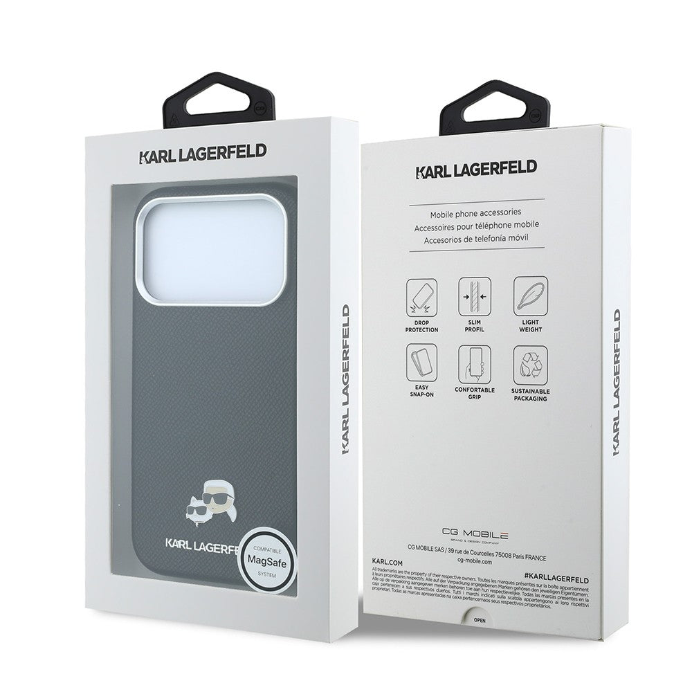 Apple iPhone 18 Pro Kılıf Karl Lagerfeld Orjinal Lisanslı M-Safe Şarj Özellikli K&C Heads Metal Logolu PU Kapak