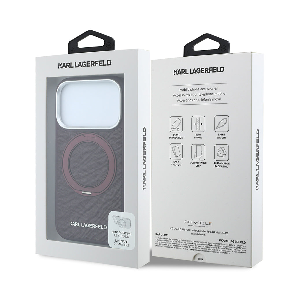 Apple iPhone 18 Pro Kılıf Karl Lagerfeld Orjinal Lisanslı M-Safe Şarj Özellikli Metal Logolu PU Saffiano 360 Derece Dönebilen Standlı Kapak