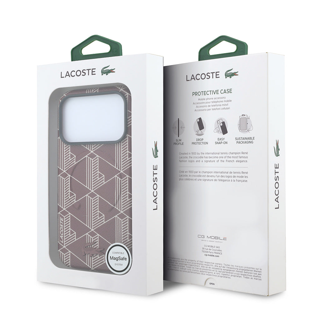 Apple iPhone 18 Pro Kılıf Lacoste Orjinal Lisanslı M-safe Şarj Özellikli Metal Logolu Deri Karışık Monogram Desenli Kapak