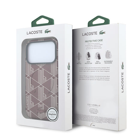 Apple iPhone 18 Pro Kılıf Lacoste Orjinal Lisanslı M-safe Şarj Özellikli Metal Logolu Deri Karışık Monogram Desenli Kapak