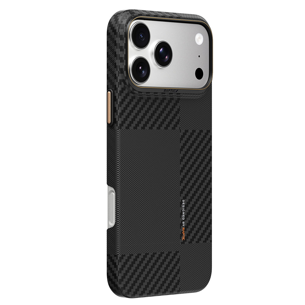 Apple iPhone 18 Pro Kılıf M-safe Şarj Özellikli 600D Metal Kamera Çerçeveli Raptic Aramid Karbon Fiber Geotik Serisi Kapak