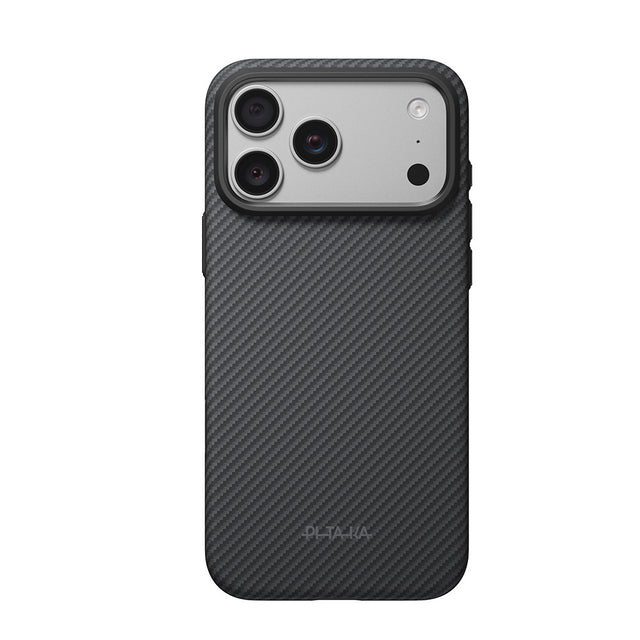Apple iPhone 18 Pro Kılıf M-safe Şarj Özellikli Aramid Karbon Fiber Pitaka Military-Grade Classic Serisi New Logo Black-Grey Twill Kapak