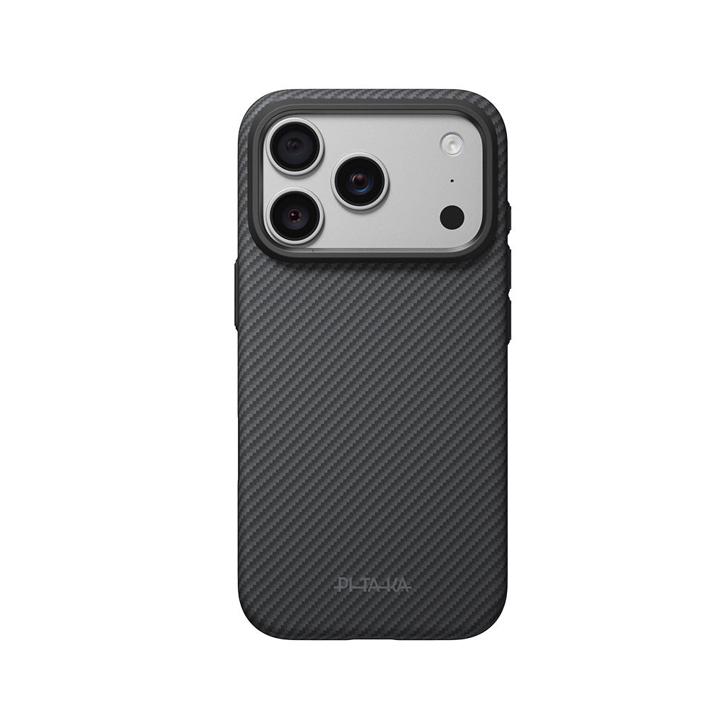 Apple iPhone 18 Pro Kılıf M-safe Şarj Özellikli Aramid Karbon Fiber Pitaka Military-Grade Classic Serisi New Logo Black-Grey Twill Kapak