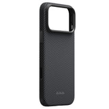 Apple iPhone 18 Pro Kılıf M-safe Şarj Özellikli Aramid Karbon Fiber Pitaka Military-Grade Classic Serisi New Logo Black-Grey Twill Kapak