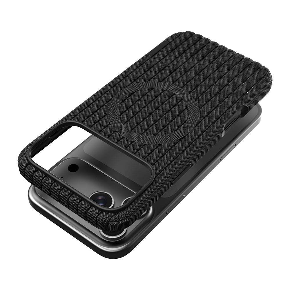 Apple iPhone 18 Pro Kılıf M-Safe Şarj Özellikli Çizgi Desenli Kumaş Dokulu Zore Paris Lorin Kapak