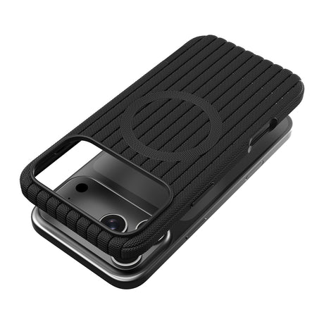 Apple iPhone 18 Pro Kılıf M-Safe Şarj Özellikli Çizgi Desenli Kumaş Dokulu Zore Paris Lorin Kapak