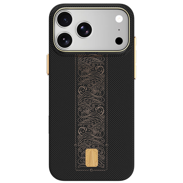 Apple iPhone 18 Pro Kılıf M-safe Şarj Özellikli Raptic Aramid Skin Rise Serisi 24 Ayar Altın Kaplamalı Karbon Kapak