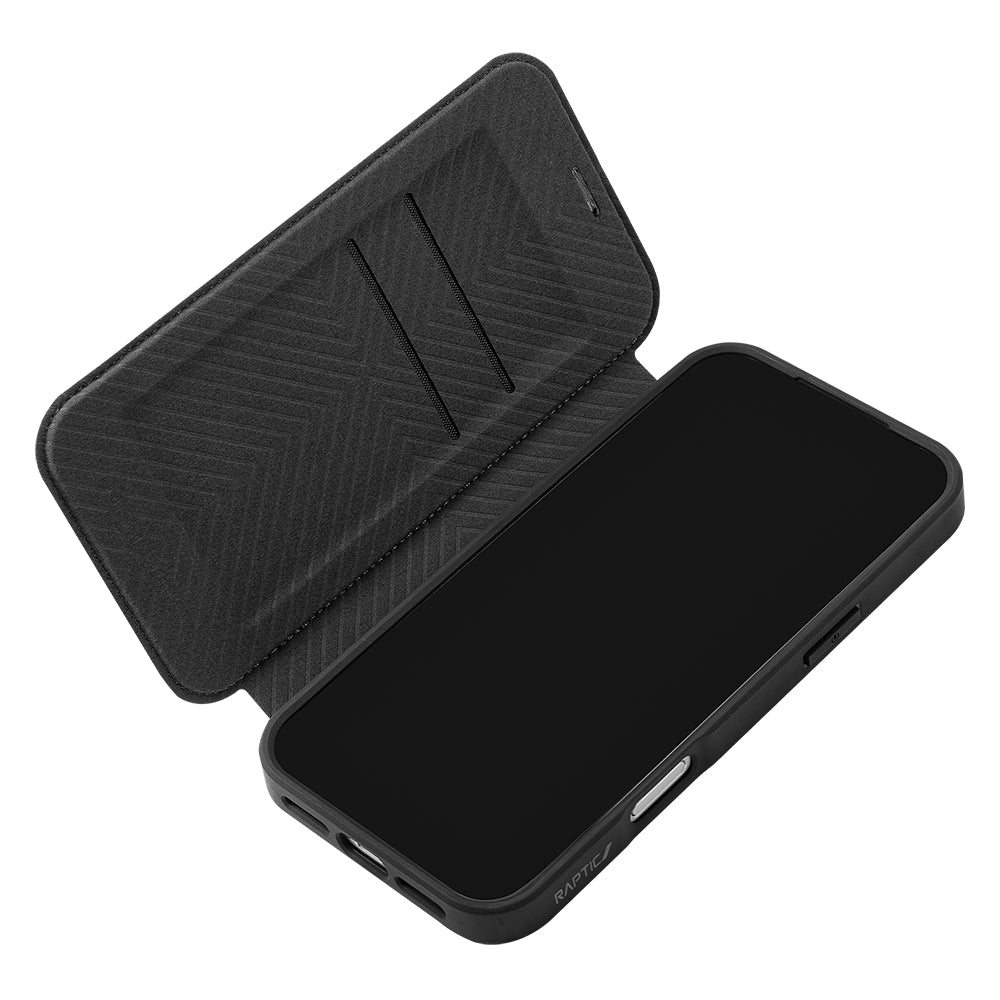 Apple iPhone 18 Pro Kılıf M-safe Şarj Özellikli Vegan Deri Tasarımlı Şeffaf Arka Yüzey Kartlıklı Raptic Urban Folio Serisi Kapak