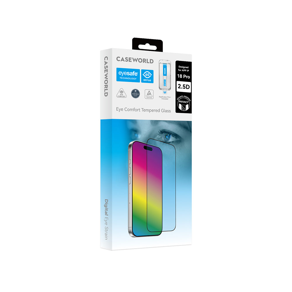 Apple iPhone 18 Pro Max CaseWorld Applicator Serisi 2.5D Eyesafe Mavi Işık Teknolojili 0.33mm Privacy Temperli Cam Ekran Koruyucu + Uygulama Aparatı