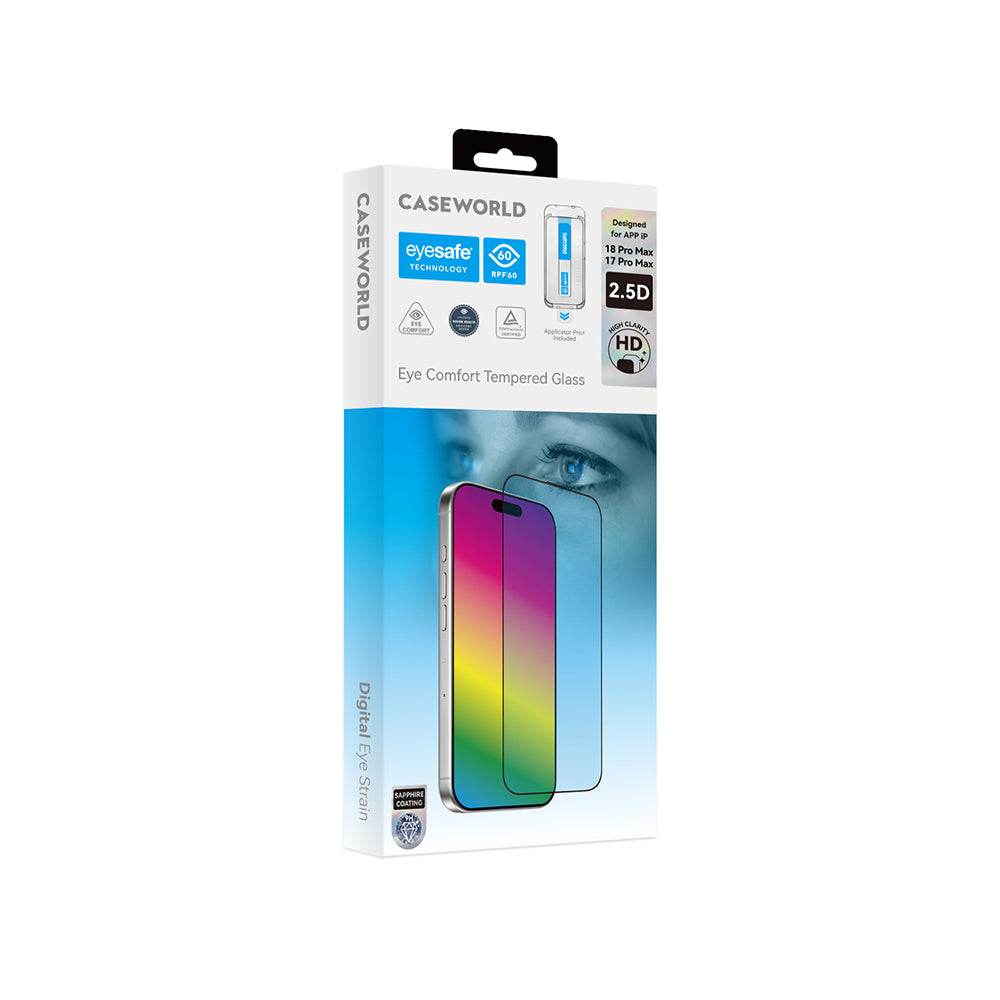 Apple iPhone 18 Pro Max CaseWorld Applicator Serisi 2.5D Eyesafe Mavi Işık Teknolojili Safir 0.33mm Temperli Cam Ekran Koruyucu + Uygulama Aparatı