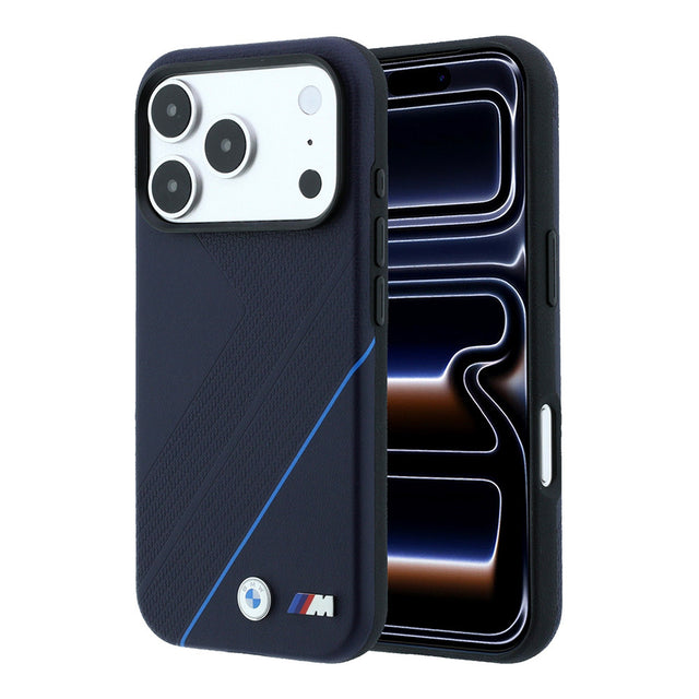 Apple iPhone 18 Pro Max Kılıf BMW Orjinal Lisanslı M-safe Şarj Özellikli M Logolu Lastik İzi Desenli Mavi Çizgili Kapak