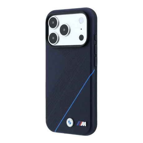 Apple iPhone 18 Pro Max Kılıf BMW Orjinal Lisanslı M-safe Şarj Özellikli M Logolu Lastik İzi Desenli Mavi Çizgili Kapak