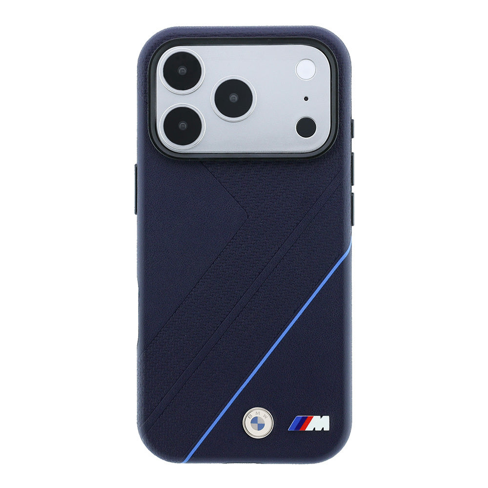 Apple iPhone 18 Pro Max Kılıf BMW Orjinal Lisanslı M-safe Şarj Özellikli M Logolu Lastik İzi Desenli Mavi Çizgili Kapak