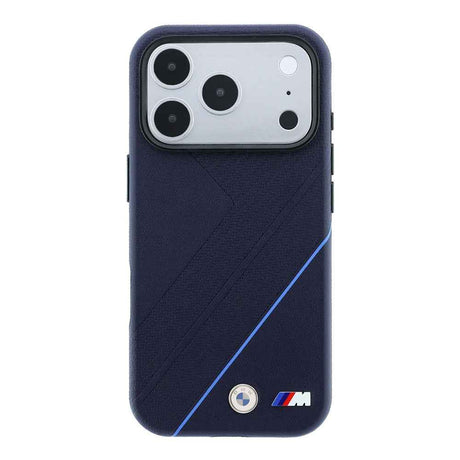 Apple iPhone 18 Pro Max Kılıf BMW Orjinal Lisanslı M-safe Şarj Özellikli M Logolu Lastik İzi Desenli Mavi Çizgili Kapak