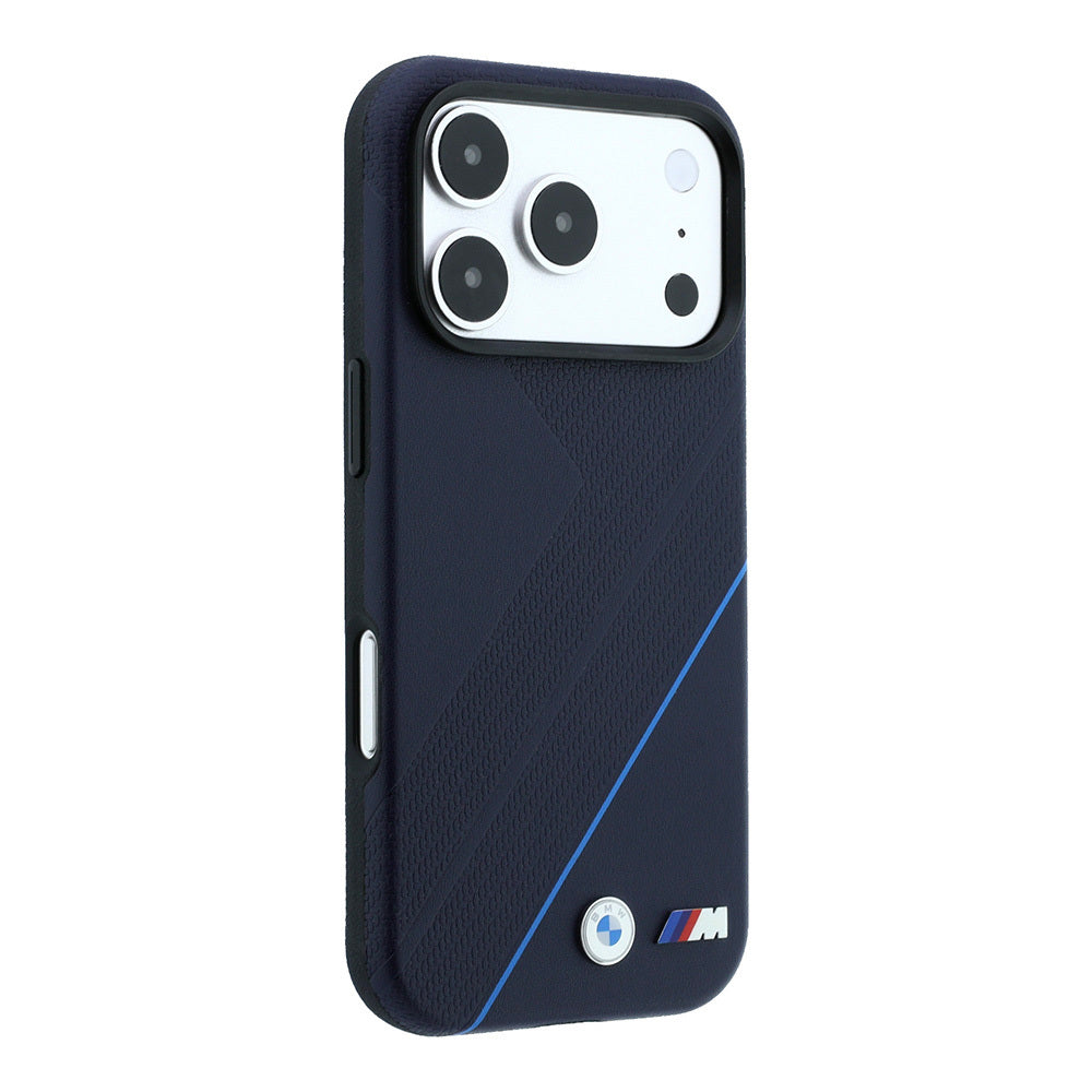 Apple iPhone 18 Pro Max Kılıf BMW Orjinal Lisanslı M-safe Şarj Özellikli M Logolu Lastik İzi Desenli Mavi Çizgili Kapak