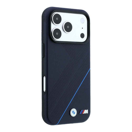 Apple iPhone 18 Pro Max Kılıf BMW Orjinal Lisanslı M-safe Şarj Özellikli M Logolu Lastik İzi Desenli Mavi Çizgili Kapak