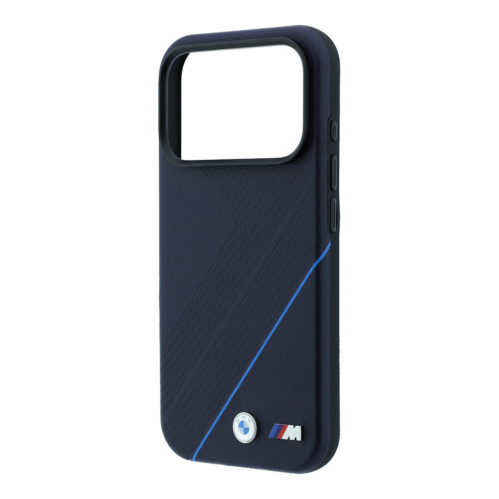Apple iPhone 18 Pro Max Kılıf BMW Orjinal Lisanslı M-safe Şarj Özellikli M Logolu Lastik İzi Desenli Mavi Çizgili Kapak