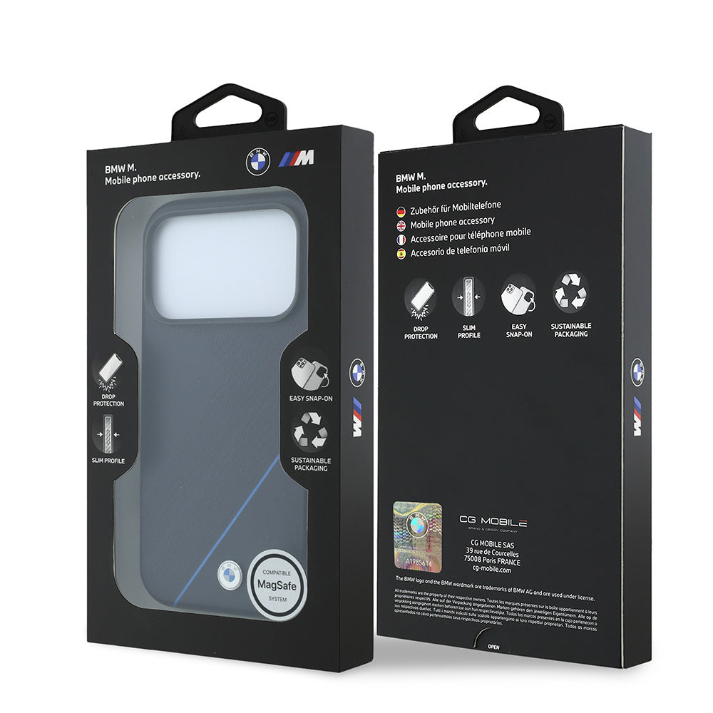 Apple iPhone 18 Pro Max Kılıf BMW Orjinal Lisanslı M-safe Şarj Özellikli M Logolu Lastik İzi Desenli Mavi Çizgili Kapak