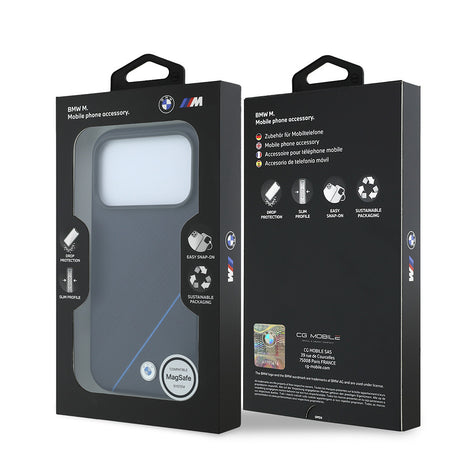 Apple iPhone 18 Pro Max Kılıf BMW Orjinal Lisanslı M-safe Şarj Özellikli M Logolu Lastik İzi Desenli Mavi Çizgili Kapak