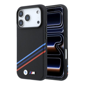 Apple iPhone 18 Pro Max Kılıf BMW Orjinal Lisanslı M-safe Şarj Özellikli Üç Şeritli Metal M Logolu Karbon Fiber Kevlar Kapak