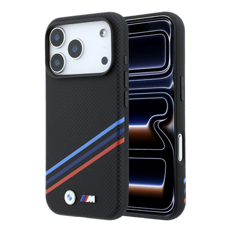 Apple iPhone 18 Pro Max Kılıf BMW Orjinal Lisanslı M-safe Şarj Özellikli Üç Şeritli Metal M Logolu Karbon Fiber Kevlar Kapak