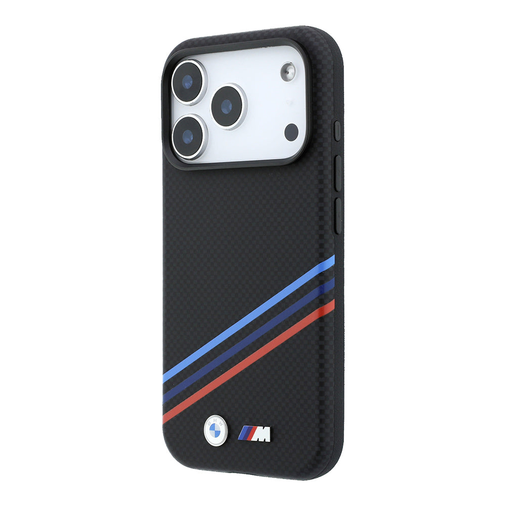 Apple iPhone 18 Pro Max Kılıf BMW Orjinal Lisanslı M-safe Şarj Özellikli Üç Şeritli Metal M Logolu Karbon Fiber Kevlar Kapak
