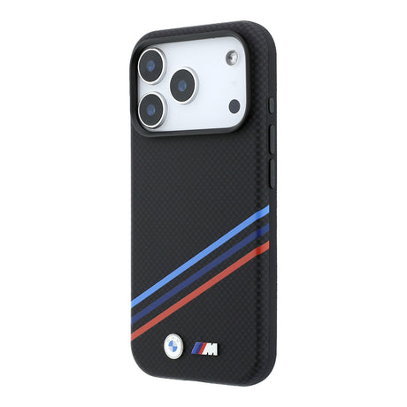 Apple iPhone 18 Pro Max Kılıf BMW Orjinal Lisanslı M-safe Şarj Özellikli Üç Şeritli Metal M Logolu Karbon Fiber Kevlar Kapak