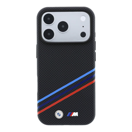 Apple iPhone 18 Pro Max Kılıf BMW Orjinal Lisanslı M-safe Şarj Özellikli Üç Şeritli Metal M Logolu Karbon Fiber Kevlar Kapak