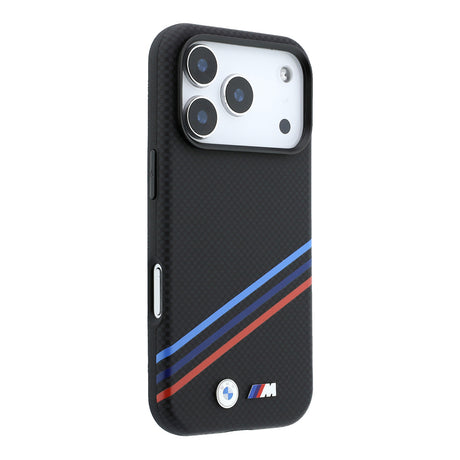 Apple iPhone 18 Pro Max Kılıf BMW Orjinal Lisanslı M-safe Şarj Özellikli Üç Şeritli Metal M Logolu Karbon Fiber Kevlar Kapak