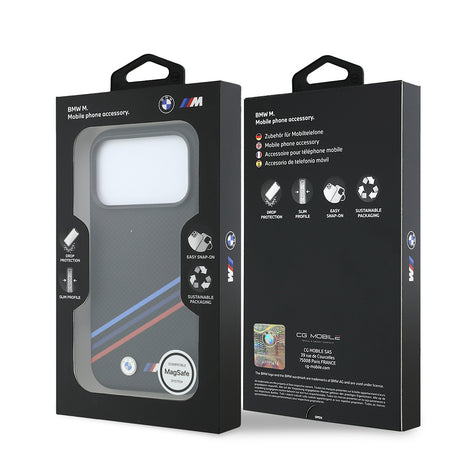 Apple iPhone 18 Pro Max Kılıf BMW Orjinal Lisanslı M-safe Şarj Özellikli Üç Şeritli Metal M Logolu Karbon Fiber Kevlar Kapak