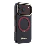Apple iPhone 18 Pro Max Kılıf Guess Orjinal Lisanslı M-safe Şarj Özellikli 360 Derece Dönebilen Standlı Metal Yazı Logolu Silikon Kapak