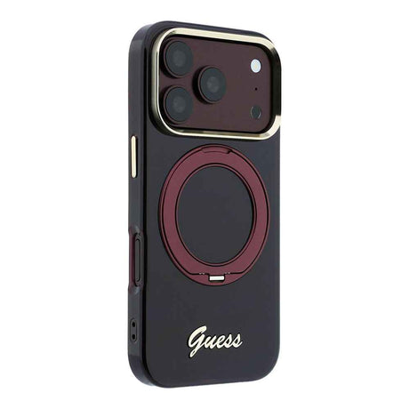 Apple iPhone 18 Pro Max Kılıf Guess Orjinal Lisanslı M-safe Şarj Özellikli 360 Derece Dönebilen Standlı Metal Yazı Logolu Silikon Kapak