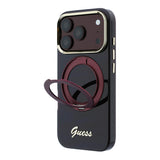 Apple iPhone 18 Pro Max Kılıf Guess Orjinal Lisanslı M-safe Şarj Özellikli 360 Derece Dönebilen Standlı Metal Yazı Logolu Silikon Kapak
