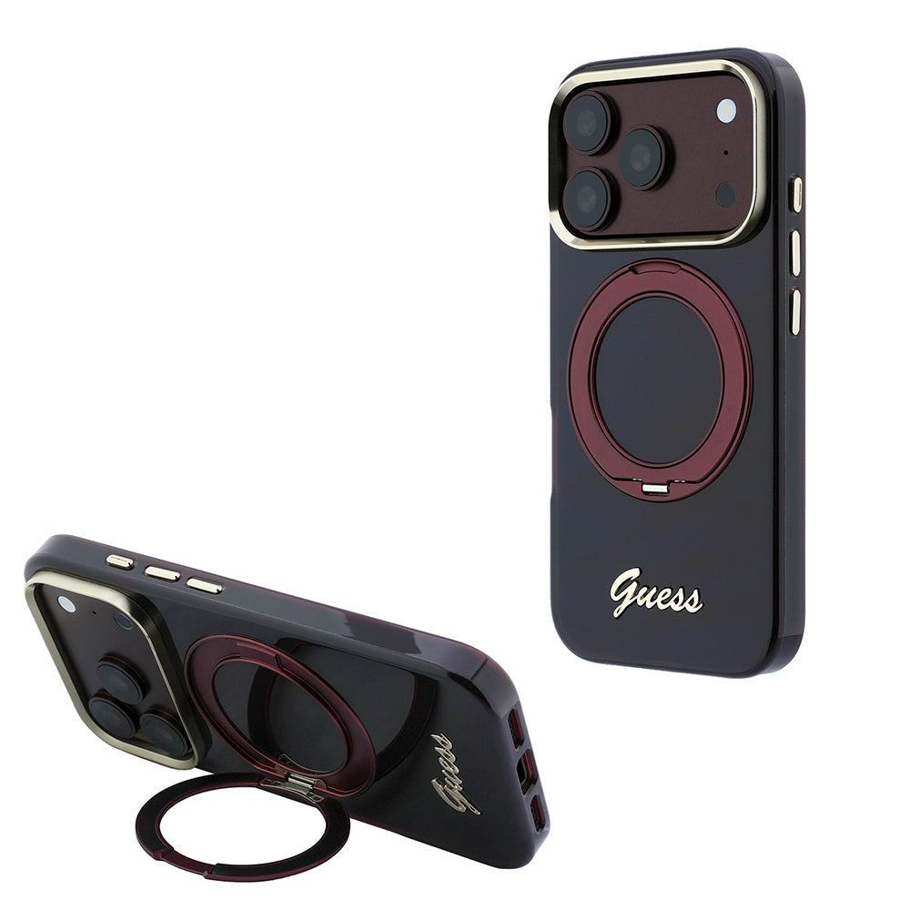 Apple iPhone 18 Pro Max Kılıf Guess Orjinal Lisanslı M-safe Şarj Özellikli 360 Derece Dönebilen Standlı Metal Yazı Logolu Silikon Kapak