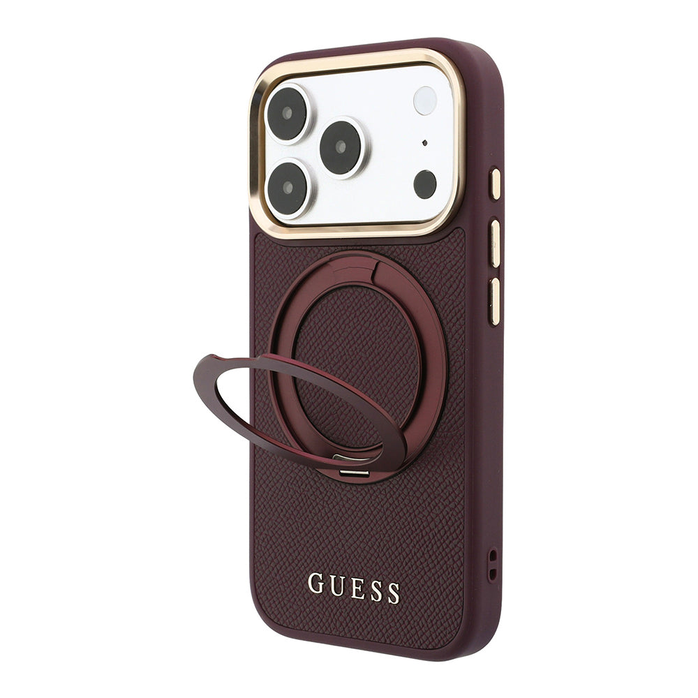 Apple iPhone 18 Pro Max Kılıf Guess Orjinal Lisanslı M-safe Şarj Özellikli 360 Derece Dönebilen Standlı PU Metal Yazı Logolu Kapak