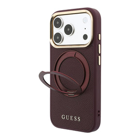Apple iPhone 18 Pro Max Kılıf Guess Orjinal Lisanslı M-safe Şarj Özellikli 360 Derece Dönebilen Standlı PU Metal Yazı Logolu Kapak