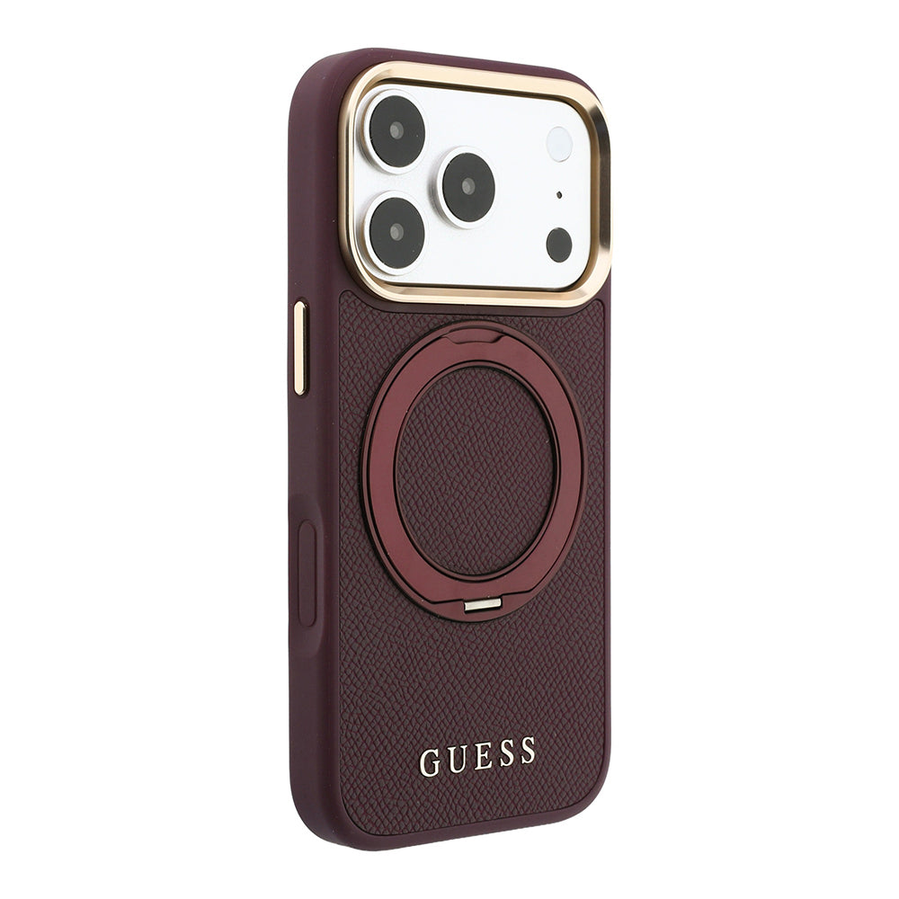 Apple iPhone 18 Pro Max Kılıf Guess Orjinal Lisanslı M-safe Şarj Özellikli 360 Derece Dönebilen Standlı PU Metal Yazı Logolu Kapak