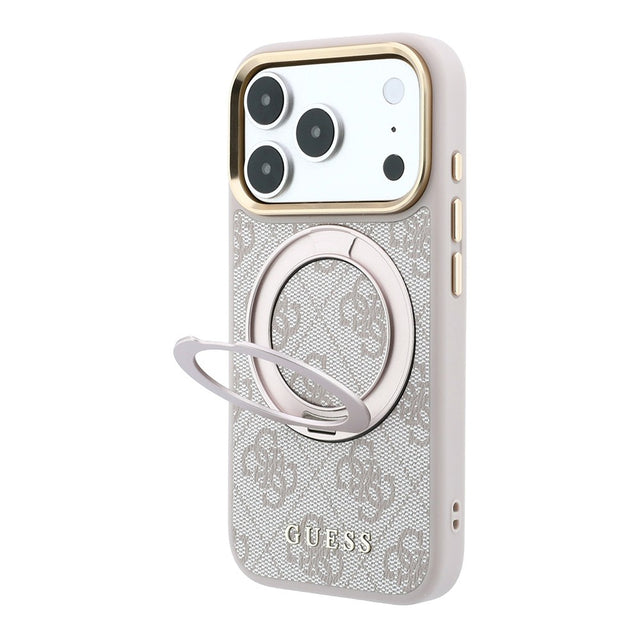Apple iPhone 18 Pro Max Kılıf Guess Orjinal Lisanslı M-safe Şarj Özellikli 4G Desenli 360 Derece Dönebilen Standlı Metal Yazı Logolu Kapak