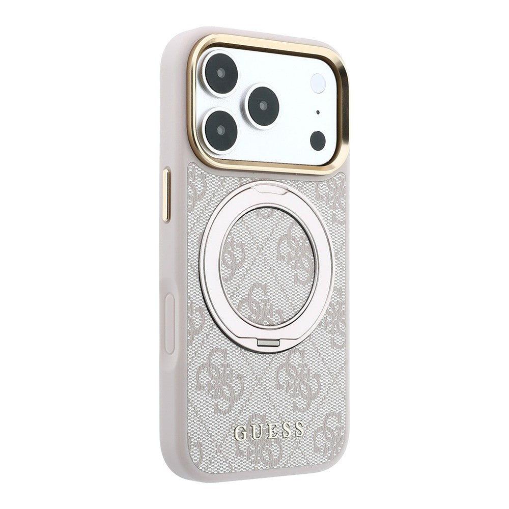 Apple iPhone 18 Pro Max Kılıf Guess Orjinal Lisanslı M-safe Şarj Özellikli 4G Desenli 360 Derece Dönebilen Standlı Metal Yazı Logolu Kapak