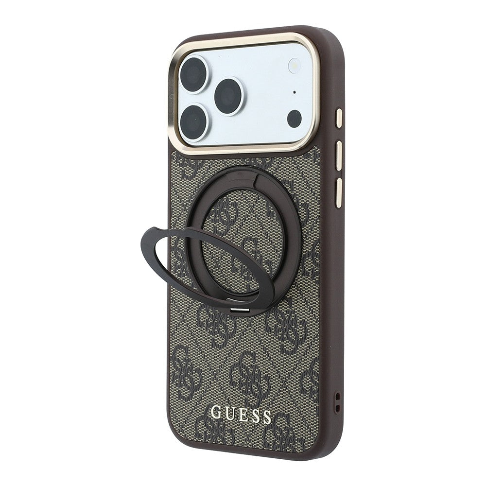 Apple iPhone 18 Pro Max Kılıf Guess Orjinal Lisanslı M-safe Şarj Özellikli 4G Desenli 360 Derece Dönebilen Standlı Metal Yazı Logolu Kapak