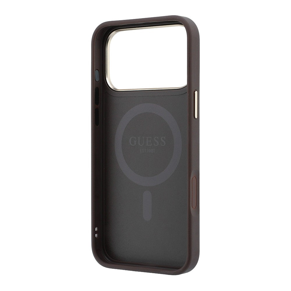 Apple iPhone 18 Pro Max Kılıf Guess Orjinal Lisanslı M-safe Şarj Özellikli 4G Desenli 360 Derece Dönebilen Standlı Metal Yazı Logolu Kapak